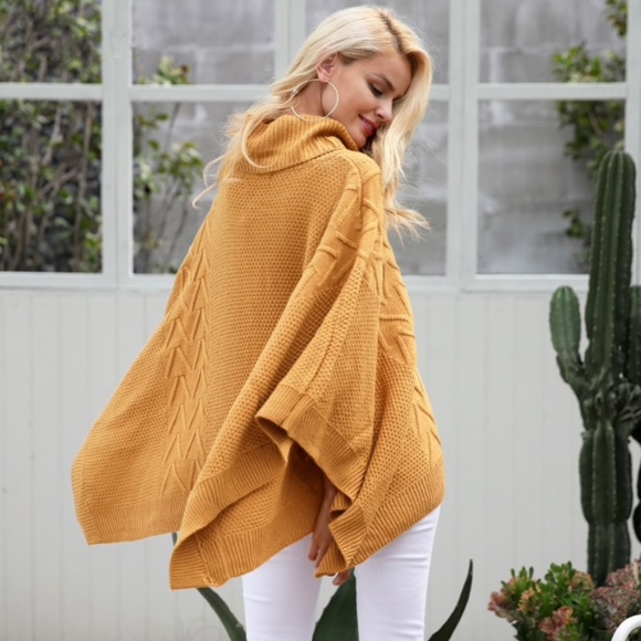 Camel Knit Cowl Neck Poncho One Size - Picture 4 of 8